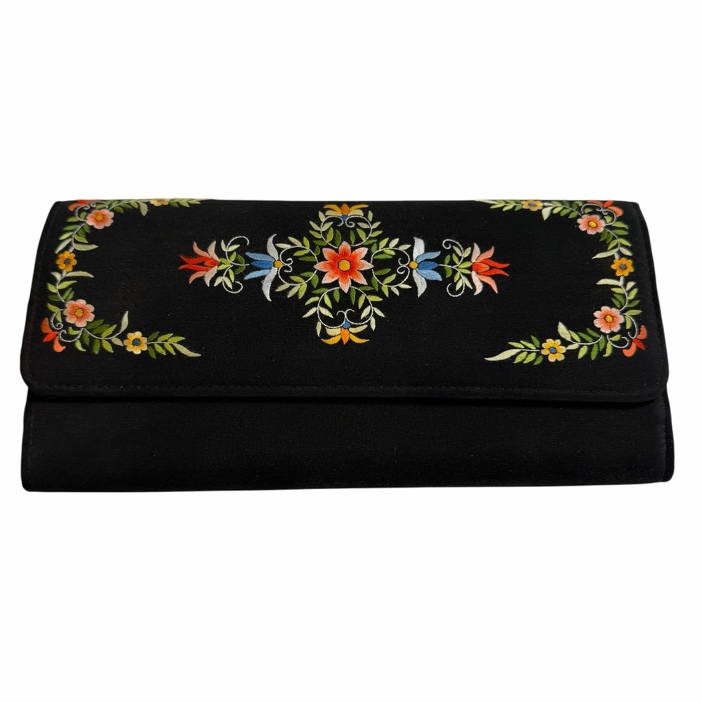 Vintage Clutch Womens Small Black Floral Embroidered Satin Evening Bag Formal